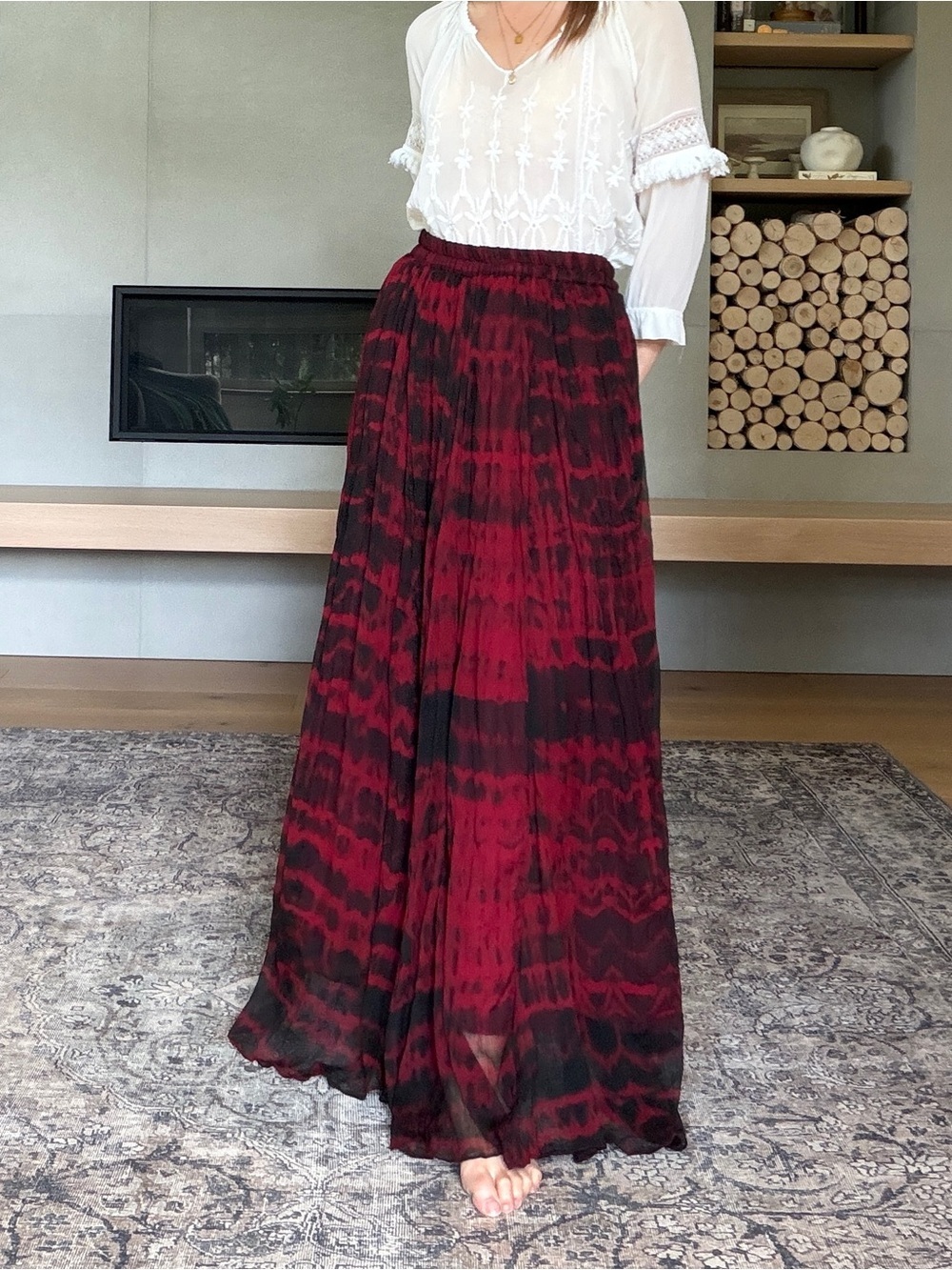 Vintage crepe Red & Black tortoiseshell / Tie-Dye Maxi Skirt medium to large